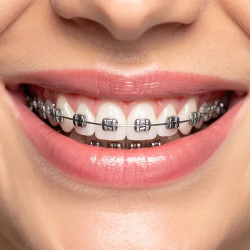 Woman's smile with metal braces.