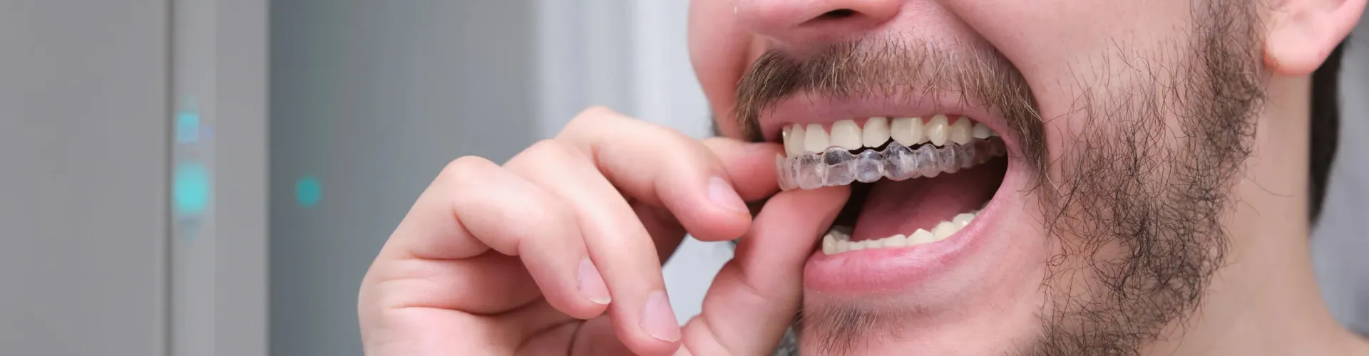 Close-up of a man placing a clear orthodontic aligner over his lower teeth.